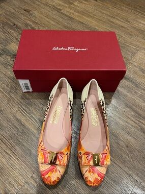 Salvatore Ferragamo Orange Pink Floral & Leopard Print Ballet Flats
